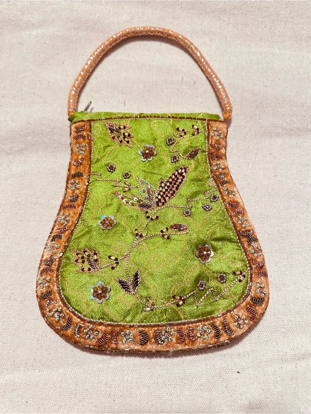 Vintage | Bag | Embroidered Green & Orange Beaded Handle Top-Handle Bag - Picture 8 of 9
